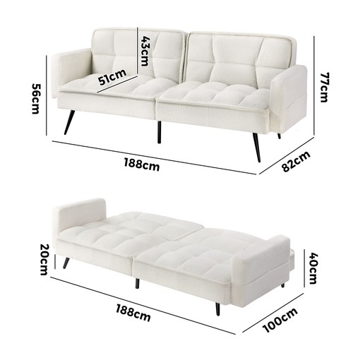 Oikiture 3-Seater Sofa Bed Convertible Boucle Sherpa Lounge Couch Recliner White - Picture 10 of 10