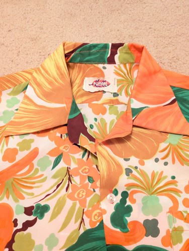 (m) VIVID! 1970s Pomare Hawaiian Shirt Button-Down Shirt Sleeved HAWAII Orange - Picture 2 of 5