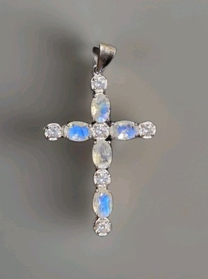 Wunderschöner natürlicher Mondstein Kreuz 925 Sterling Silber Anhänger Schmuck 2204