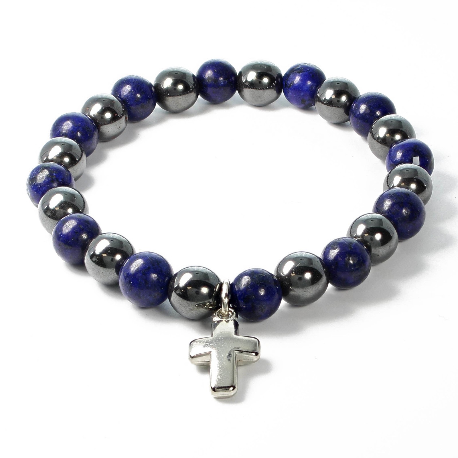 Bracelet hématite et lapis lazuli avec croix pour homme en pierres naturelles bleues de 8mm
