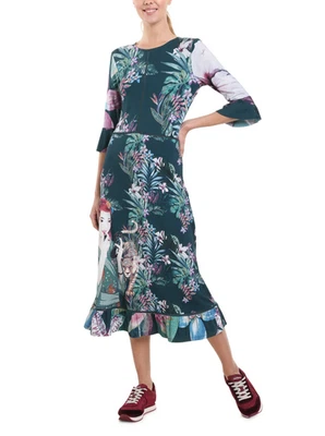 Desigual Women's Dress A-Line Floral Green Knit Midi L 18WWVK71 - Bild 1 von 4