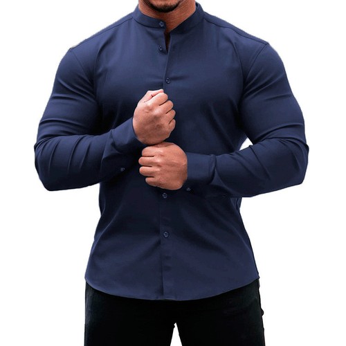 Men's Sports Casual Cardigan Slim Micro Elastic Long Sleeve Casual Button Shirts - Picture 2 of 24