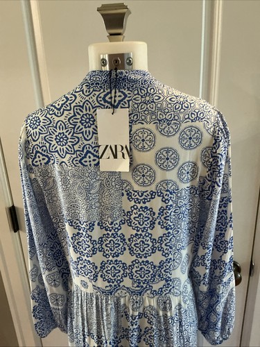 Zara Blau Weiß Blumen Maxi Midikleid Gr. Small Ärmel Boho Landhaus NEU Neu mit Etikett - Bild 8 von 13