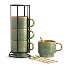 Coffee Mug, Coffee Mugs Set of 4, Stackable Coffee Mugs with Rack and Spoons ...