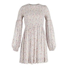 Ganni Floral Cream and Pink Shirred Long Sleeve Georgette Mini Dress