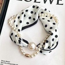 Elegant Satins Neck Scarf Wrap With Pearls Chains Necklaces And Buckle For Women