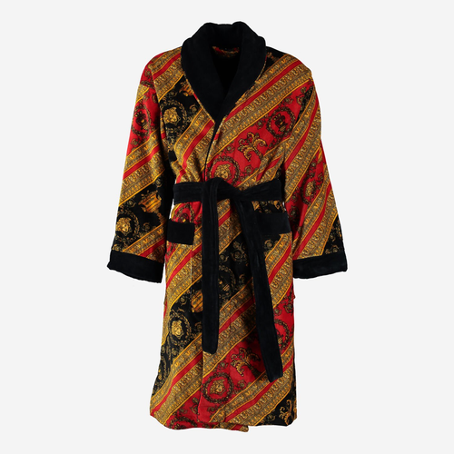 Albornoz Versace Barroco Medusa Estampado Diagonal Rayas Rojo, Negro y Dorado - Imagen 1 de 4