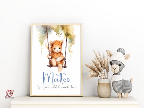Poster Kinderzimmer Junge Deko Bild Babyzimmer Baby Alpaka Schaukel mit Name NEU - Bild 5 von 10