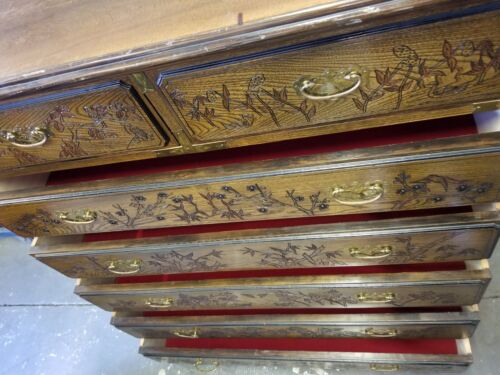 Asian Oriental Antique Hand Carved Ornate Solid Wood High Boy Chest Dresser - Picture 2 of 20