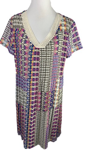 Coldwater Creek Crochet Lace VNeck Lined-Crinkle Chiffon Pleated Dress Petite M - Picture 2 of 14