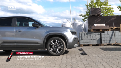 TOPRUBBER® 2x Radstopper, Reflektierend, Refl.Kl. RA2/C, 570x140x75, zum Kleben - Video 1 von 1