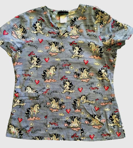 2 Scrub Tops Cherokee Unicorns Caring is Magical & UA Scrubs Multicolored SZ L - Picture 2 of 18