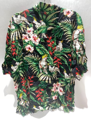 VTG Men's Cockatoo Bird Hawaiian Collared Black Button Up Size XL - Picture 2 of 4