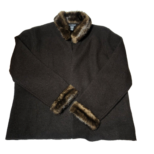 Alexandra Bartlett Wool Cardigan Sweater Jacket Large Faux Fur Collar Brown READ - Picture 3 of 11
