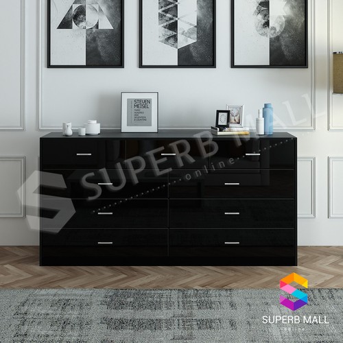 High Gloss 9 Drawer Chest Dresser Tallby Storage Cabinet Bedroom Furniture Black