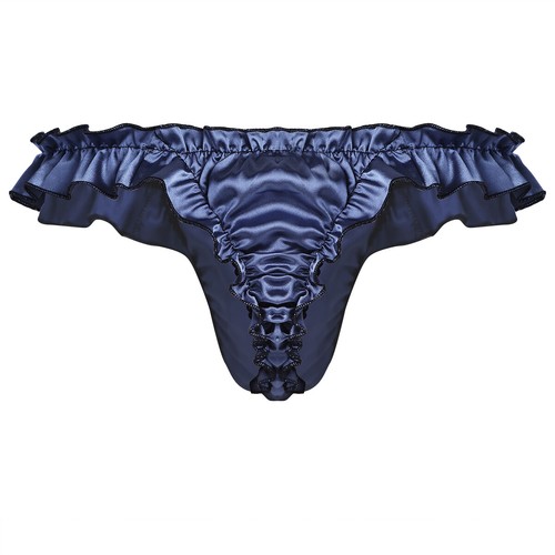 Men's Soft Shiny Satin Ruffled Frilly Briefs Thong Sissy Underwear Tanga Panties - Picture 5 of 55