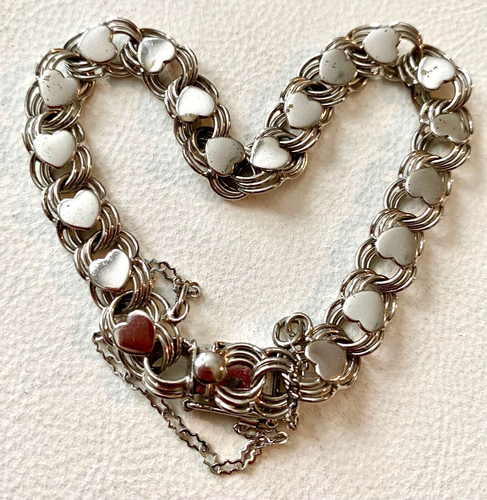 Vintage Sterling Silver Triple Link Charm Bracelet HEART Safety Box Clasp 7.5”