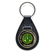 US Army 3rd Armored Cavalry Veteran Black Leather Keychain Silver Keyring