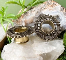 PAIR Antique Gold IP Tribal Lace Design Tunnels Plugs Earlet Gauges Body Jewelry