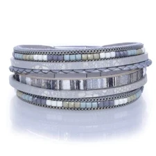 Gray & Green Square Gemstones Leather Multi Strand Bracelet Magnetic Clasp