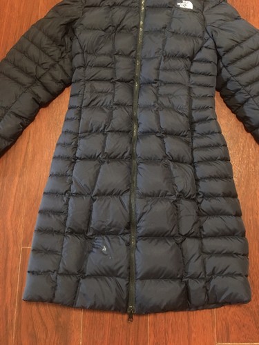 The North Face 550 Womens XS Navy Blue Hooded Goose Down Long Puffer Coat Jacket - Picture 2 of 12