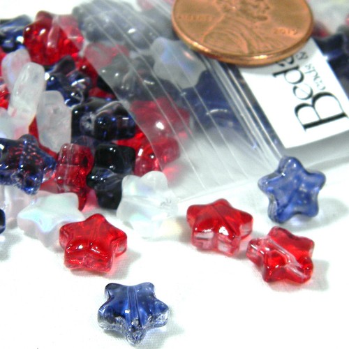 100 Patriotic White AB and Red & Blue Beads USA Flag Theme Glass Star 8mm Beads - Picture 3 of 3