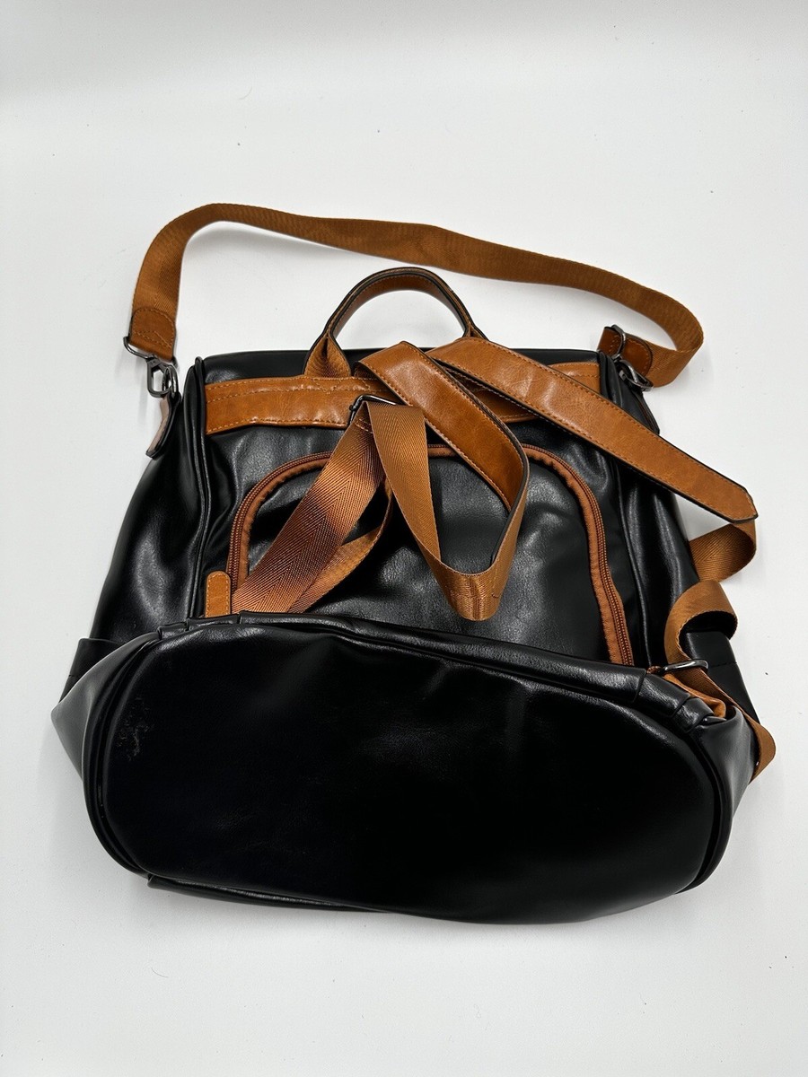 brown leather anti-theft backpack Cluci Brown Black Anti-Theft Vegan Leather Laptop Backpack Women's