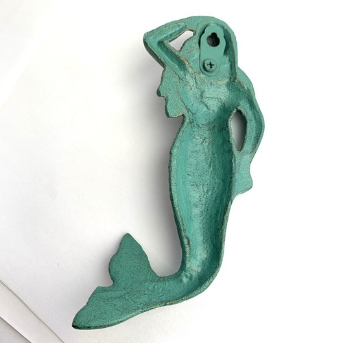 Mermaid Wall Hook Cast Iron Coat Hanger Ocean Nautical 5.75" Tall Aqua Blue - Picture 4 of 6