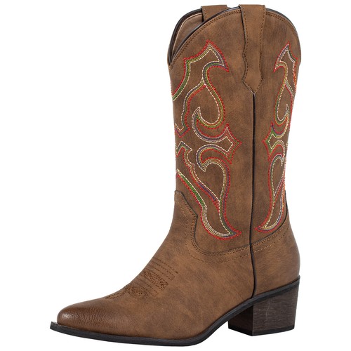 SheSole Cowboy Boots Woman Wide Calf Ladies Western Fashion Cowgirl Boots Brown