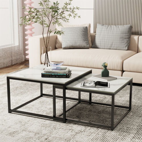 Square Marble Nesting Coffee Table Set of 2 Living Room End Side Accent Tables - Picture 5 of 22