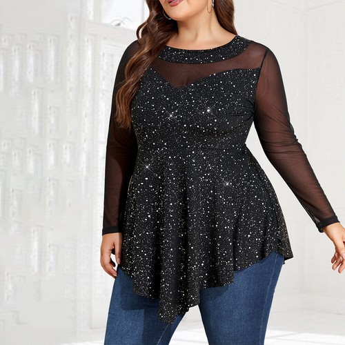 Women Sequin Glitter Tunic Tops Pullover Ladies Long Sleeve Blouse Plus Size US - Picture 5 of 17