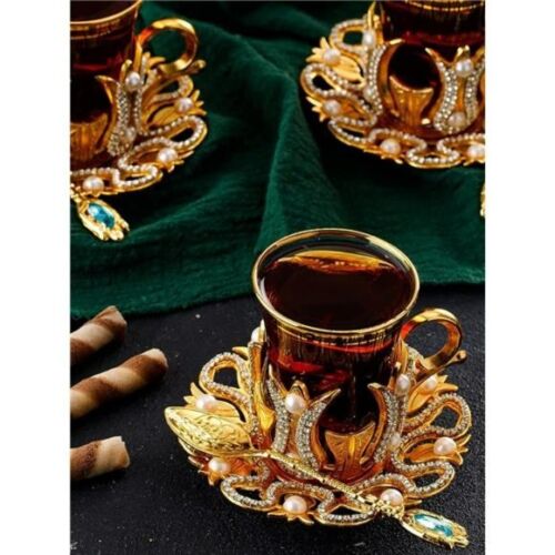 Turkish Coffee Tee Mug Cup Glass Set w Saucers Holders Spoons Crystal Pearls 6PK - Picture 8 of 8