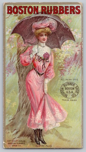 Boston Rubbers Trade Card Victorian Woman in Rain with Umbrella SPRING 1905