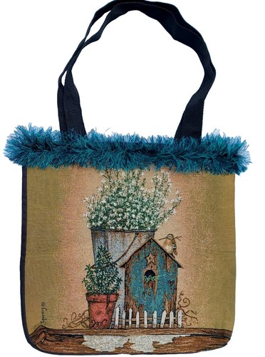 Vintage Tapestry Bag Birdhouse Knitting Crochet Handbag Tote