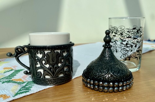 Dunkelsilber Türkisches Kaffeeservice mit Strass - Zamak Halter & Blumenglas - Bild 6 von 10