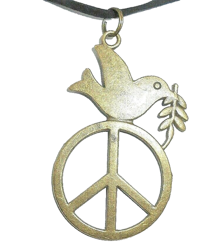 New Lovely PEACE Sign with Dove Bronze-tone Pendant 18" - 20" Black Necklace
