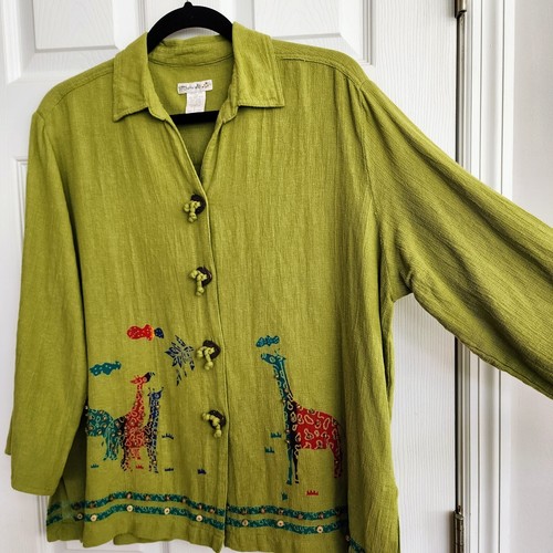 Mureli Women's Fine Linen Blend Jacket / Top Green Safari Giraffes Beadwork - Lg - Picture 5 of 14