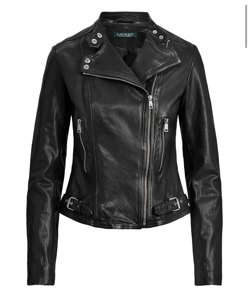 Lauren Ralph Lauren Leather Moto Jacket, Black Tumbled, Biker 