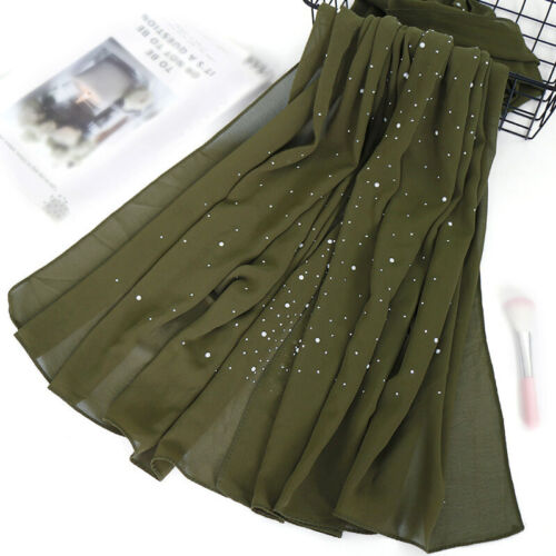 Women Ladies Chiffon Hijab Shawl Scarf with Pearl Beads Muslim Head Cover Wraps - Picture 34 of 36