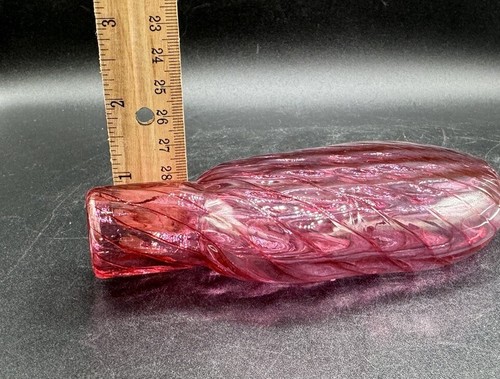 Venetian Lay Down Pocket Flask Cranberry Red Stripes Hand Blown Glass Cork ATQ - Picture 19 of 19