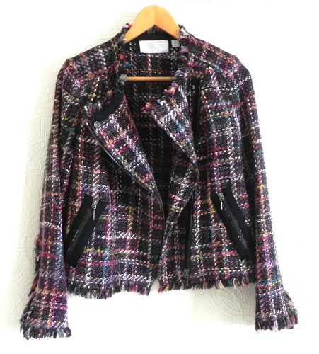 Carlisle Jacket Tweed Fringe Trim Off Center Full Zip Pockets Slim Cut Size 6 - Picture 4 of 11