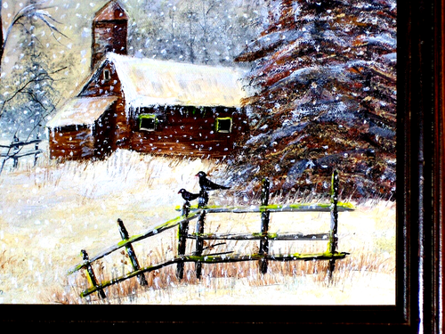 SUPERB Winter Landscape Ice Snow Storm Rural House Fence Birds Original Painting - Picture 3 of 13