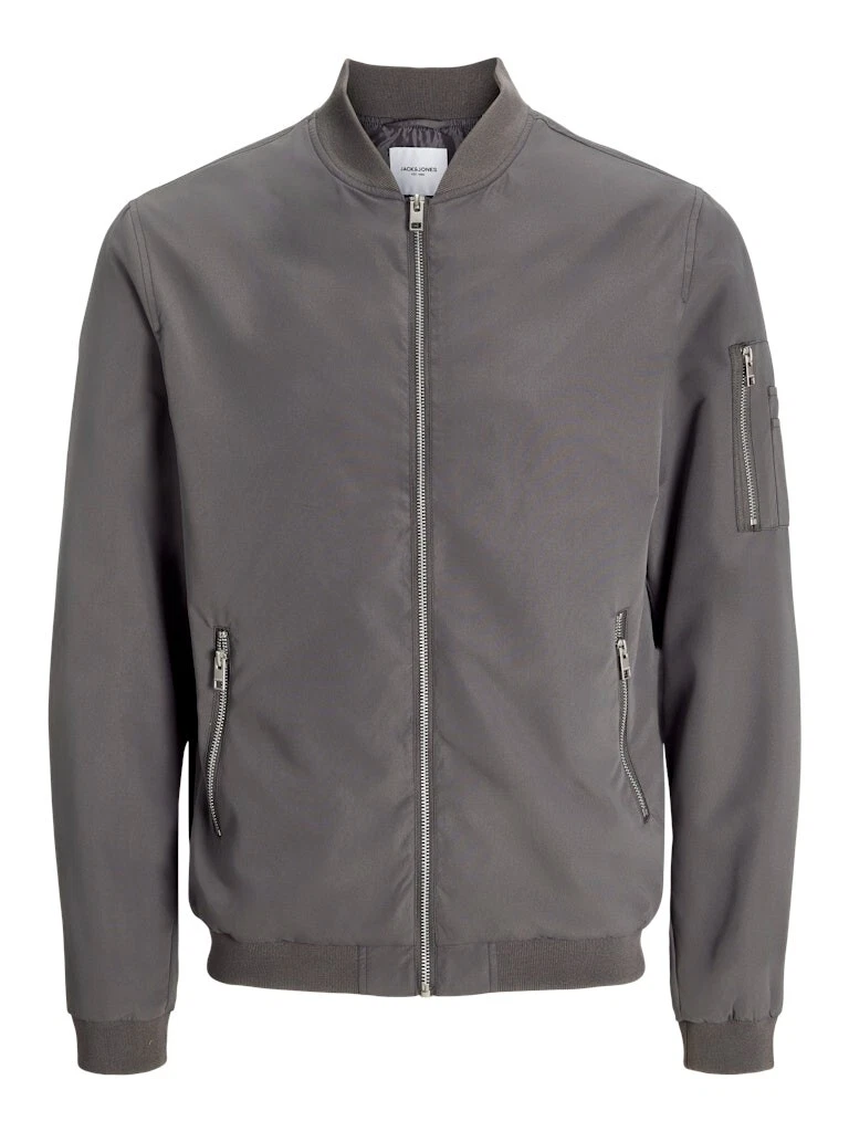 Jack & Jones Bomber Jacket Lightweight Full Zip Regular Fit Zip Pockets Grey
