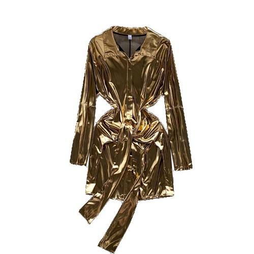 Fashion Lady Mini Shiny Satin Dress Tie Waist Casual Prom Party Banquet Dancing - Picture 7 of 23