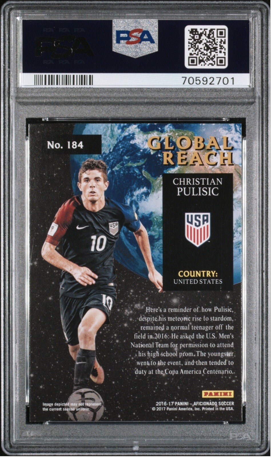 2016 Panini Aficionado Global Reach Christian Pulisic #184 PSA 10 GEMMINT Rookie - Photo 2 sur 2
