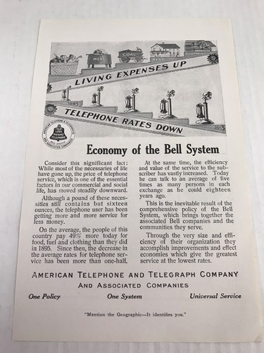 American Telephone And Telegraph Vtg 1913 Print Ad Living Expenses Up - Picture 1 of 3