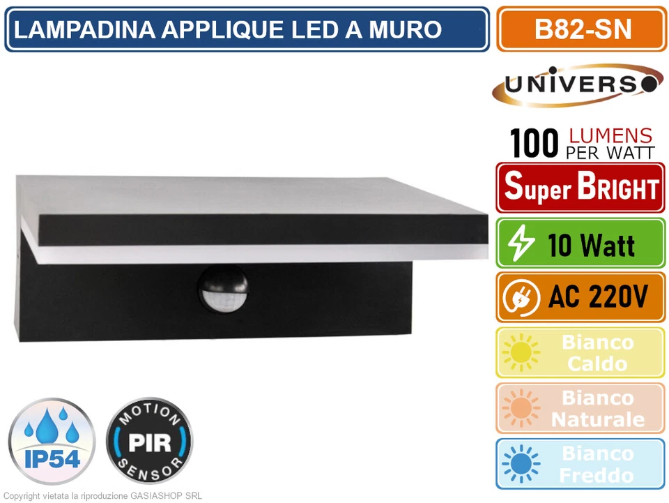 APPLIQUE LAMPADA LED DA MURO 10W WALL LIGHT SMD DA ESTERNO IP54 CON SENSORE PIR - Immagine 2 di 4