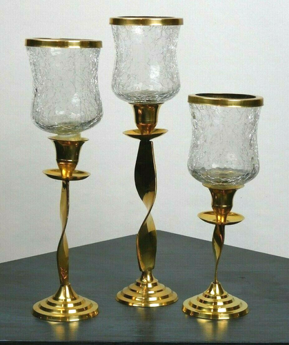 Set of 3, graduated, ribbon twist brass candlestick with crackle glass votives - Picture 3 of 12