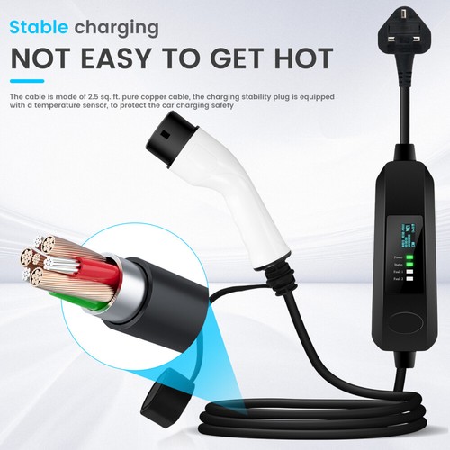 13A EV Charging Cable Type 2 UK Plug 3 Pin Electric Vehicle Car Charger Portable - Picture 5 of 24