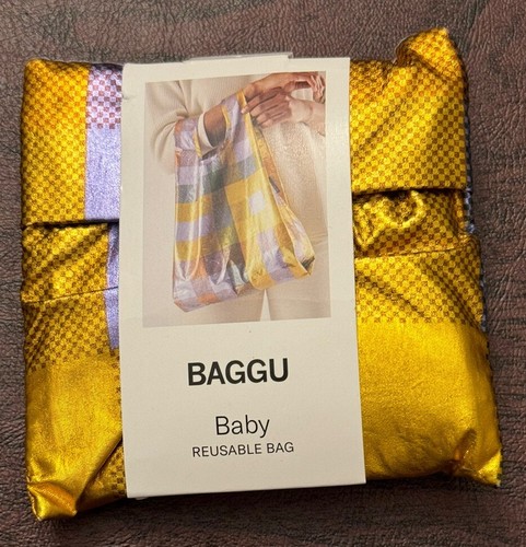 BAGGU Baby Reusable Bag MADRAS METALLIC Check Plaid Purple Gold Tote NWT - Picture 5 of 9